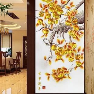 中式玄关装饰壁画事事如意竖版墙纸，入户走廊过道壁纸寓意好柿子画