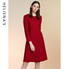 商场同款海兰，丝熟女长袖羊毛呢子红色连衣裙修身显瘦裙子春装
