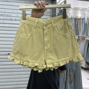 黄色木耳边设计牛仔短裤女甜美高腰显瘦提臀a字短裤2024夏季