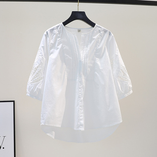 镂空绣花七分袖白色棉衬衫，女圆领宽松衬衣，2021夏季韩版小清新上衣