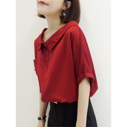 红色雪纺衬衫女夏季2024设计感小众大码宽松短袖上衣洋气小衫