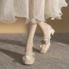 羊皮版~新中式鞋子法式温柔配裙子，鞋玫瑰花白色高跟鞋玛丽珍鞋女