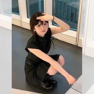 新中式轻国风短袖黑色，改良旗袍女2024夏季小个子设计感连衣裙短裙