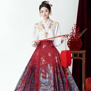 新中式女装重工刺绣上衣搭配红色，马面裙的v领白衬衫日常古风衬衣