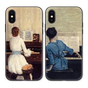 文艺复古油画钢琴女孩艺术，适用iphonexsmax苹果1514pro手机壳678plus
