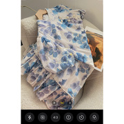 中式印花短袖雪纺连衣裙珍珠立领设计感中裙时尚休闲洋气E$24白蓝