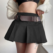 Solid Color Pleated Belt A-Line Skirt夏季纯色百褶腰带A字短裙