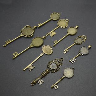 复古青铜时光宝石钥匙，底托吊坠diy配件手工，串珠材料多规格