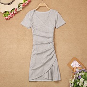 夏季女装 韩版低领V领不规则荷叶边修身显瘦小心机包臀短袖连衣裙