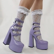 洛丽塔紫色大码短靴子女鞋春夏，甜美后拉链高防水(高防水)台超高跟单鞋