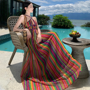 法式彩色条纹V领吊带连衣裙夏季性感露背海边度假长裙