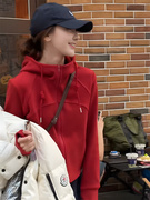 红色连帽加绒卫衣女，春秋款2024年高级感超好看立领外套女