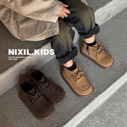 韩版儿童马丁靴2023冬季男童加绒短靴真皮女童，二棉靴子保暖鞋