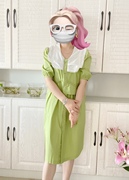 韩国同款2024早春娃娃领百搭时尚设计款抽绳果绿色中长款连衣裙潮