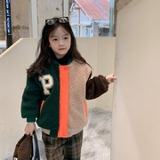 韩版女童洋气加棉夹克2023冬装宝宝，加厚棒球服儿童，毛毛衣(毛毛衣)外套