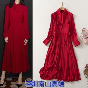 2021春季名媛风女装领口蝴蝶结系带重工压褶衬衫裙红色礼服连衣裙