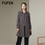fufen福芬春秋季风衣女翻领，格子复古外套，全棉大衣fy-14681