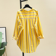 黄色条纹衬衫女2024春季韩版蝙蝠袖中长款衬衣设计感上衣外套