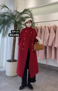 圣诞红立领双面羊绒，大衣女长款2023年秋冬时尚设计感羊毛外套
