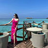 马尔代夫海边旅游度假沙滩长裙超仙荷叶边飘逸开叉斜肩吊带连衣裙
