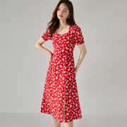 夏季连衣裙女泡泡袖红色，碎花短袖通勤气质，茶歇裙中长款裙子