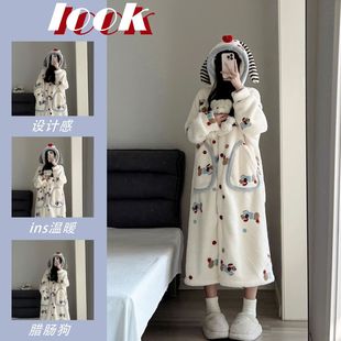 腊肠狗睡衣秋冬季女珊瑚绒加厚加绒浴袍睡袍长款男大码套装腊肠犬