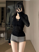 韩国黑色性感辣妹修身针织衫女春夏季设计感内搭毛衣V领短款上衣