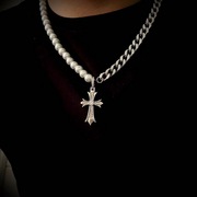 2024潮牌古巴珍珠十字架项链，拼接镶钻锆石，高级感网红男饰品