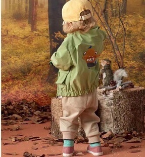 韩国童装 秋男女童宝绿色刺绣立领帅气休闲外套 两面穿夹克