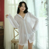 韩版雪纺白色衬衫性感半透明家居睡衣女胖妹妹，大码宽松中长款衬衣