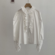 欧玛莱甜美小清新大蕾丝荷叶边泡泡袖纯色，长袖白色衬衫上衣7080