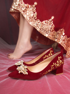 中式婚鞋女秀禾婚纱两穿2024红色高跟鞋孕妇伴娘新娘鞋不累脚