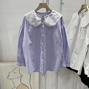 韩国春季甜美减龄蕾丝，花边娃娃领宽松长袖，衬衫女上衣外套紫色