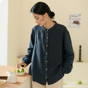 新中式女装棉麻衬衫秋季长袖亚麻藏青色衬衫宽松复古文艺衬衣