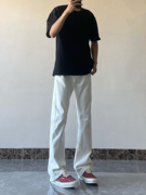 e23美式微喇白色牛仔裤潮牌显瘦高个子长裤，男高街直筒修身裤子男