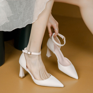 米白色高跟鞋女粗跟5厘米尖头中空单鞋一字扣带法式7公分包头凉鞋