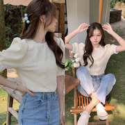 韩国chic夏季减龄小众复古气质泡泡袖纯色珍珠花边拼接短袖上衣