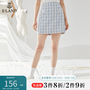 eland衣恋春秋款温柔高腰，显瘦蓝色格子，短裙半身裙女士