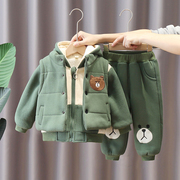 儿童宝宝秋冬装男童加绒卫衣套装，0-1-3岁半潮2女小童加厚三件套4