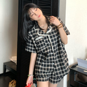 韩版蕾丝格子睡衣女，夏天短袖短裤纯棉，夏季网红高级家居服套装