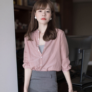 2023春秋丝光质感灰粉色小立领衬衣设计感小众气质职业衬衫潮