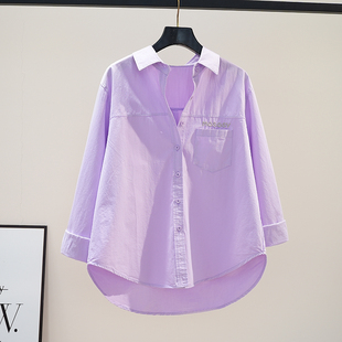 浅紫色棉衬衫女字母，绣花宽松休闲衬衣2024时尚，百搭长袖上衣潮