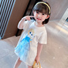 儿童连衣裙夏季浅蓝色短袖粉红色，白色t恤裙韩版洋气卡通童装