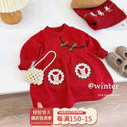 女童针织连衣裙秋冬季宝宝洋气兔年拜年服儿童红色长款新年毛衣裙