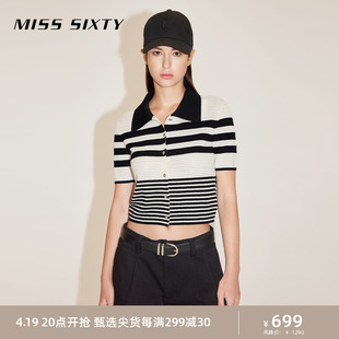 Miss Sixty2024春季针织外套女黑白撞色条纹polo领短袖复古风