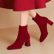 磨砂厚底加绒冬季短靴粗跟2023中式结婚鞋秀禾新娘鞋红色短靴