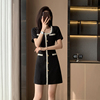 夏季收腰显瘦黑色拼色短袖裙子女韩版时尚ol气质轻熟连衣裙