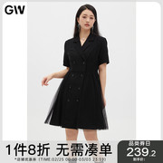 GW大码女装经典西装领网纱拼接连衣裙2024夏胖mm高腰显瘦裙子