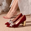 粗跟婚鞋女冬季2023秋冬中式红色新娘鞋不累脚孕妇可穿高跟鞋