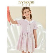 ivyhouse常春藤童装女童，夏季小方领连衣裙甜美洋气条纹绣花